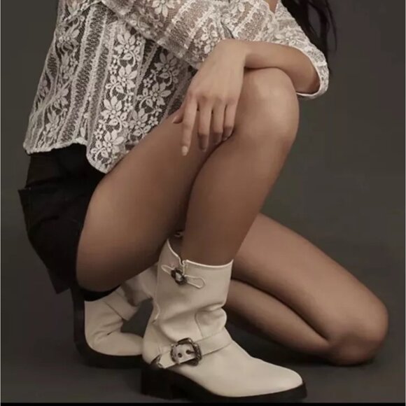 Larroude Shoes - Larroude Lesther Hardy Boot Western Buckle Moto In Natural, Size 8